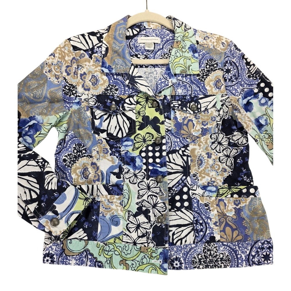 Christopher & Banks Butterfly Floral Patchwork Trucker Jacket Small Artsy